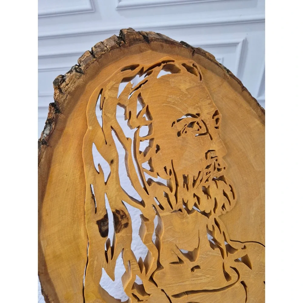 Jesus Wood Slice Scroll Saw Art Live Edge Plaque 2002 Handcarved 3D Effect